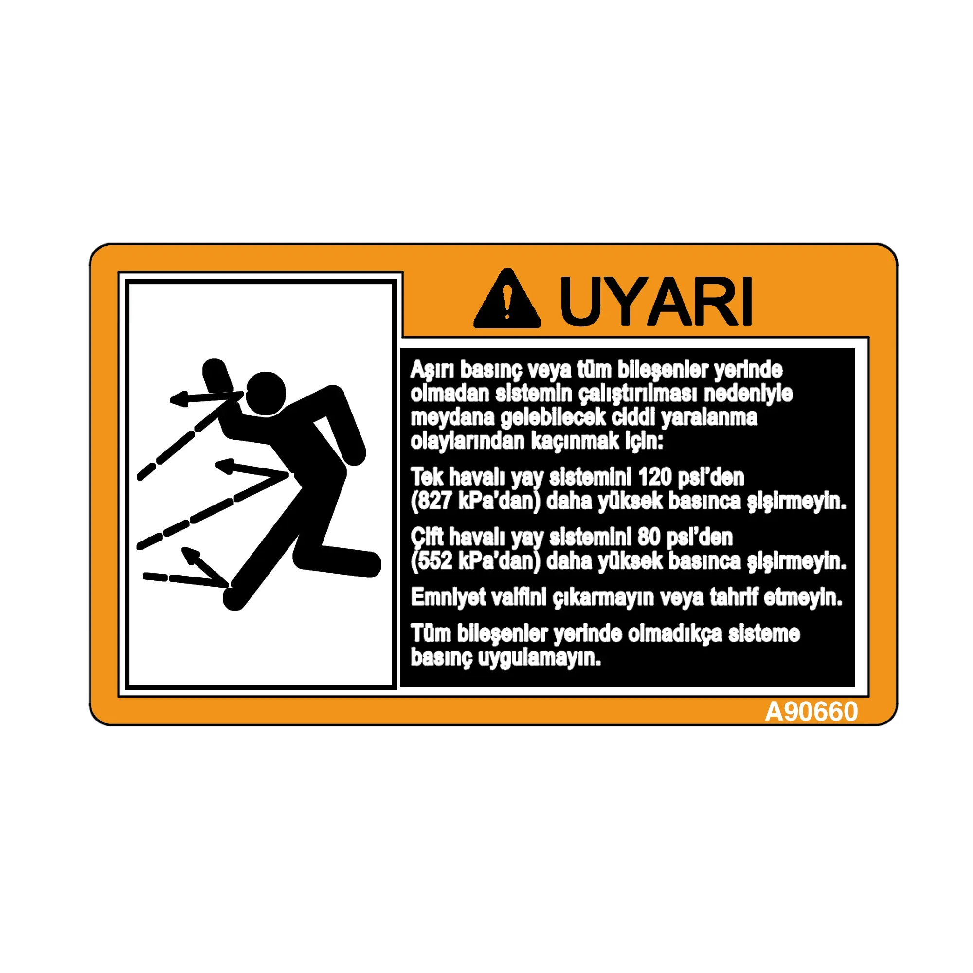 John Deere Safety Sign Label, Thrown/Flying Object, Turkish - A90660