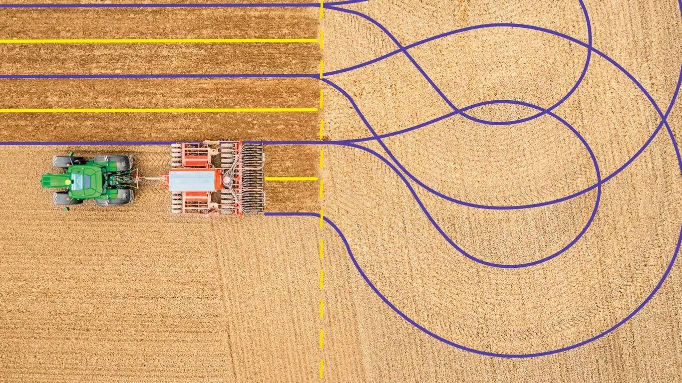 Overhead view of tractor pulling implement in the field with AutoTrac Turn Automation lines digitally projected