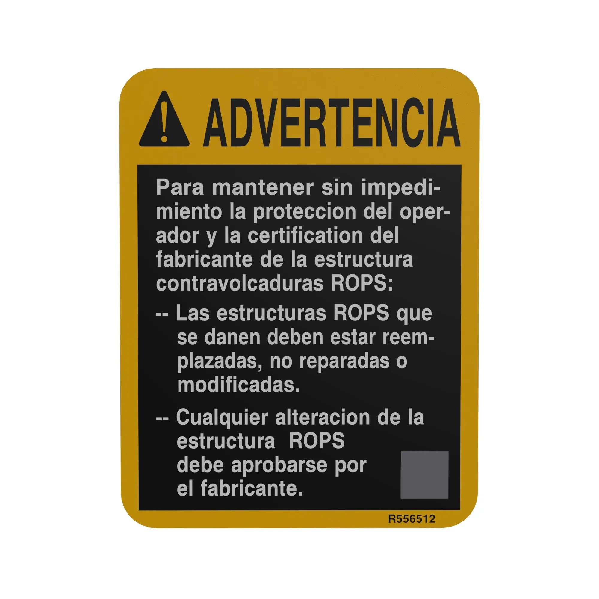John Deere Spanish Warning Label - R556512