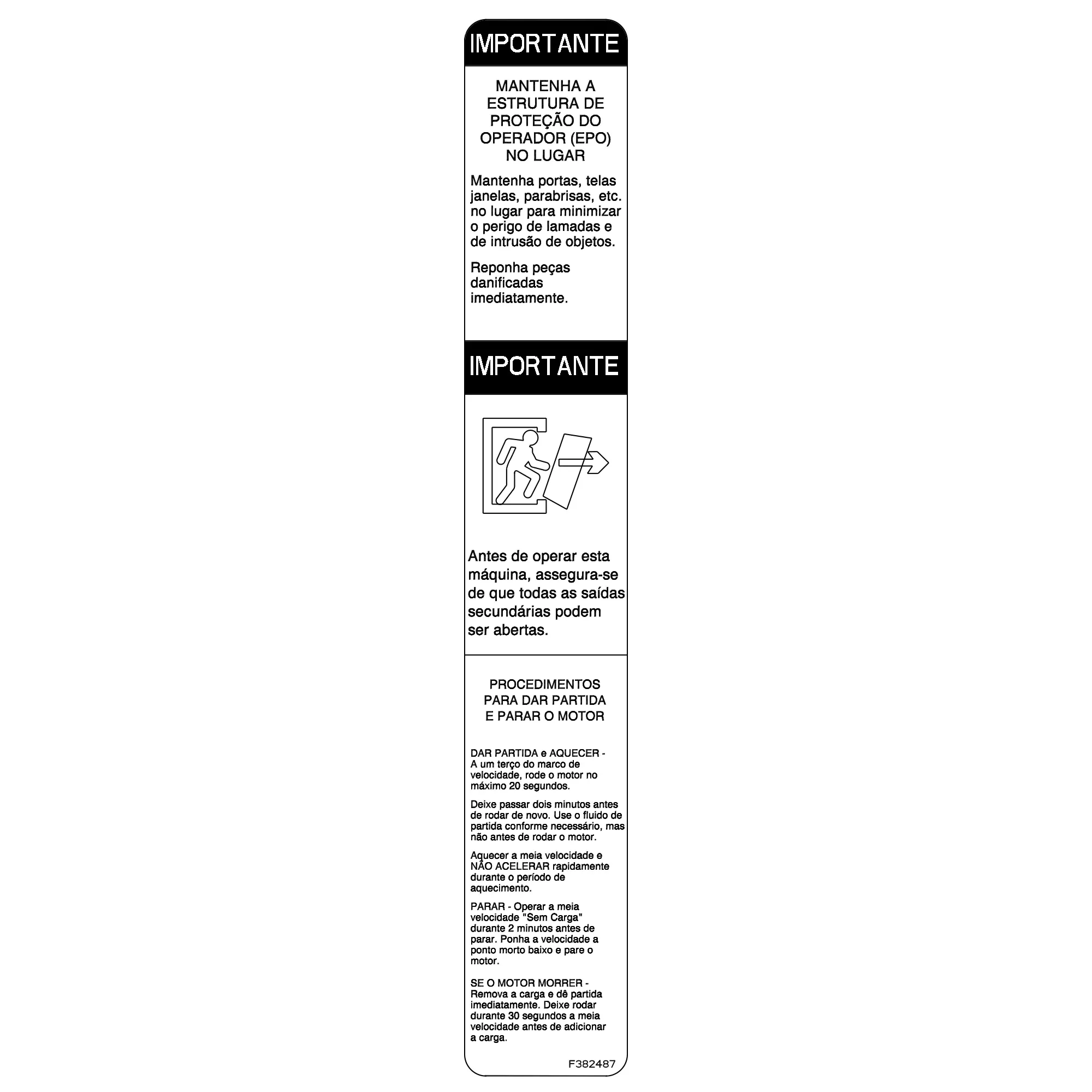 John Deere Important Engine Label, Portuguese - F382487