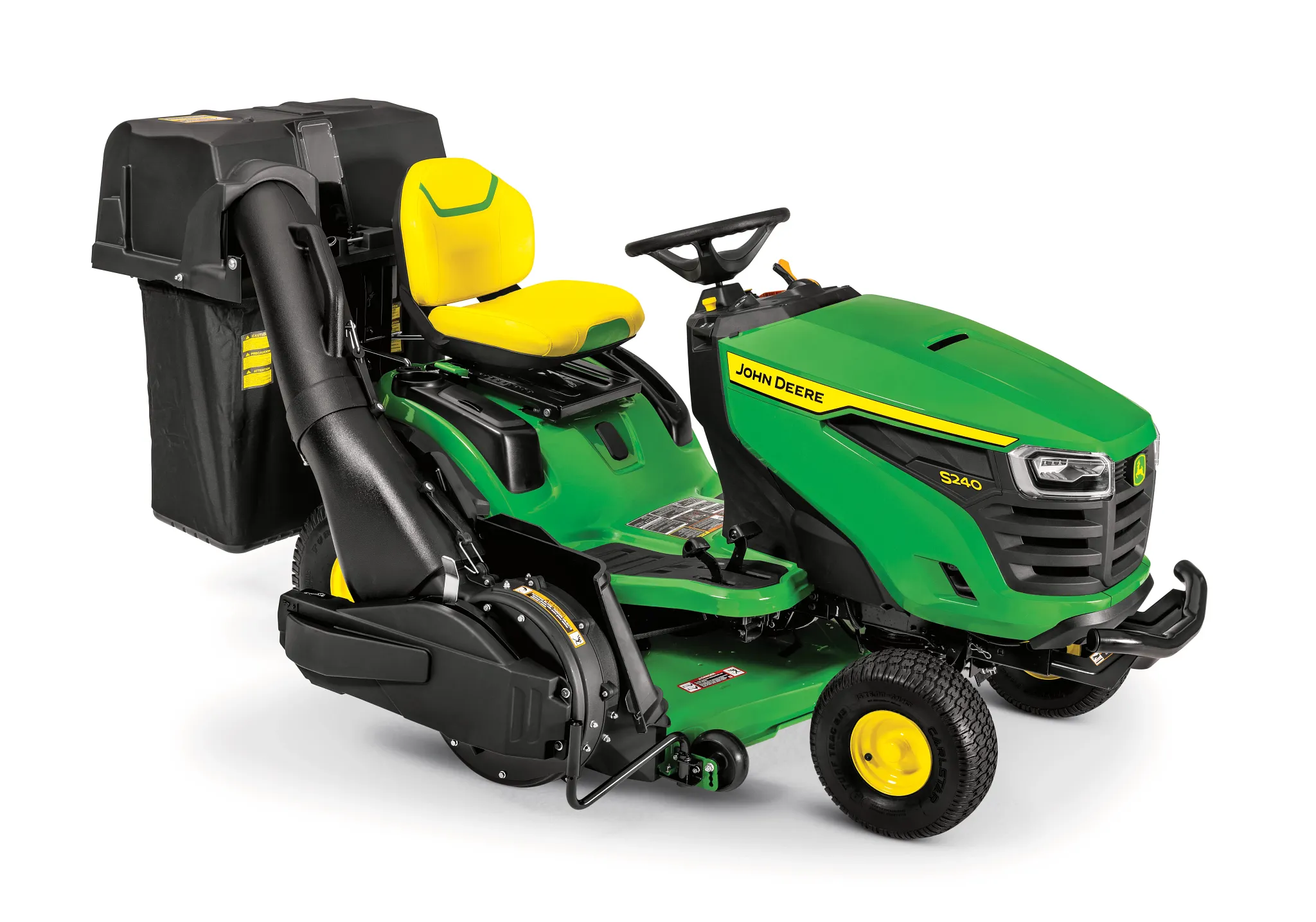 Studio front right view of an S240 Lawn Tractor with attached black rear bagger