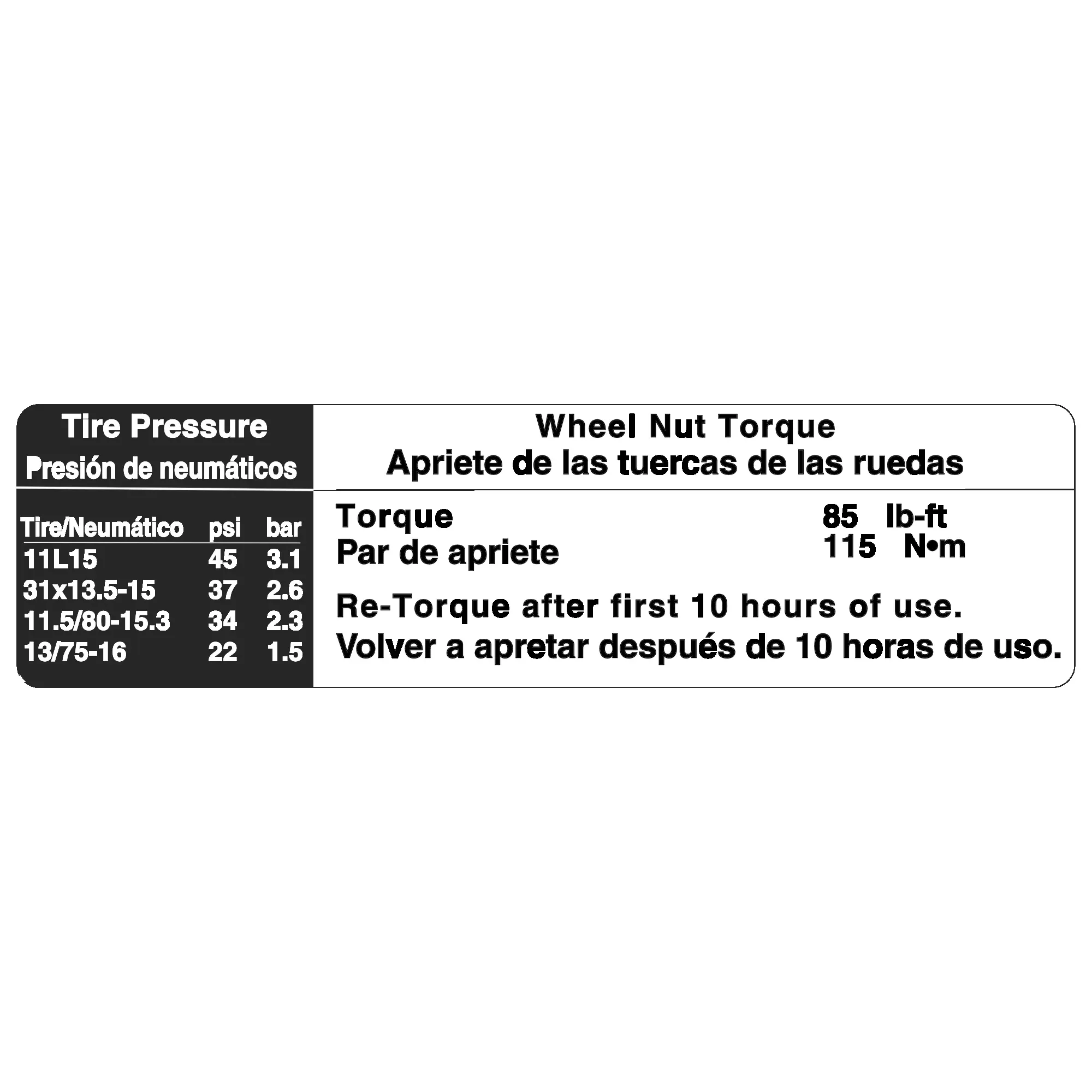 John Deere Label, Tire Pressure, Spanish - FH301869