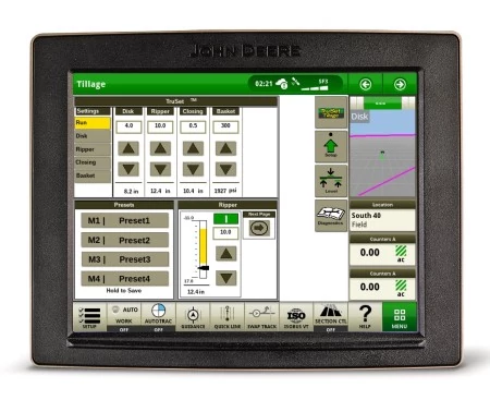 John Deere display screen showing a Tillage control interface with adjustable tool settings, preset options, force gauges, and a field map on the right side