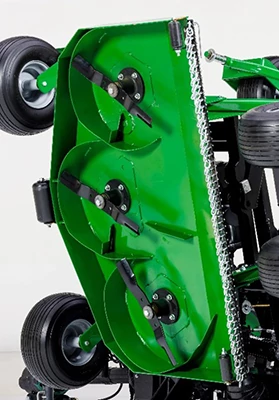Studio view of the underside of a FM41 Series Flex Wing Grooming Mower Deck: three blades, two wheels