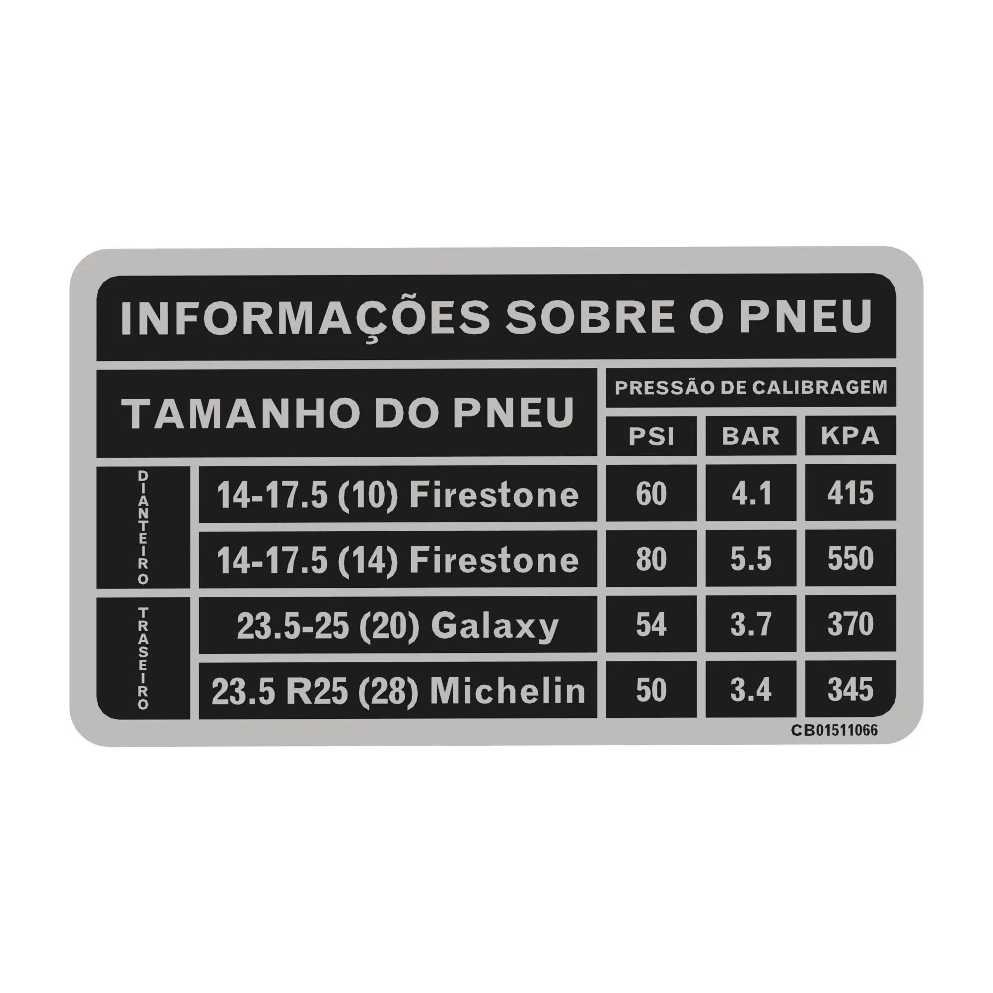 John Deere Tire Data Label, Portuguese - CB01511066