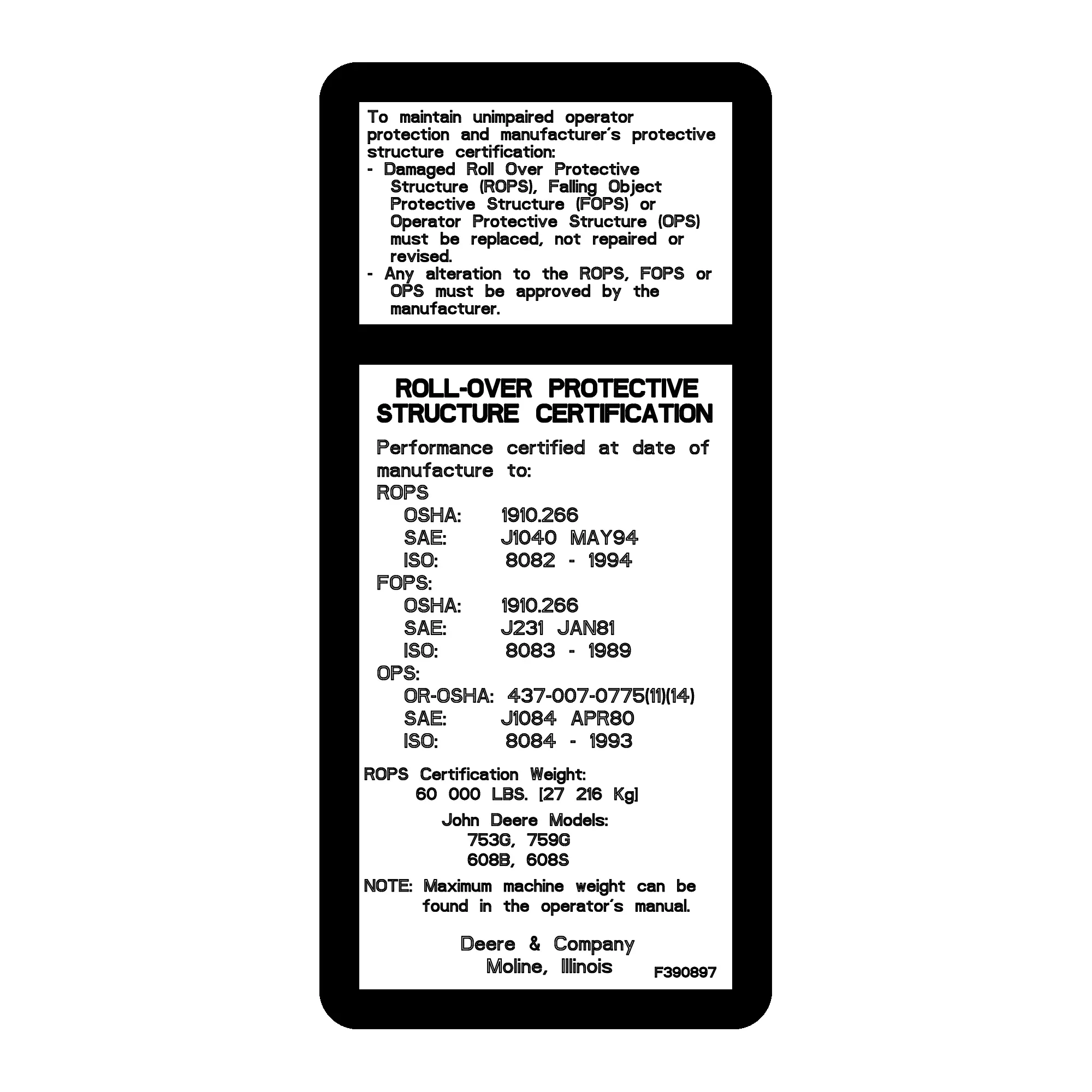 John Deere Roll Over Protection Structure Label - F390897