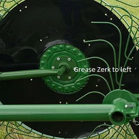 Side, close-up view of a WR00 Series Carted Wheel Rake Grease Zerk