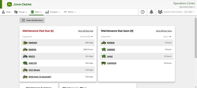 Screenshot of the operations center screen showing machine maintenance management