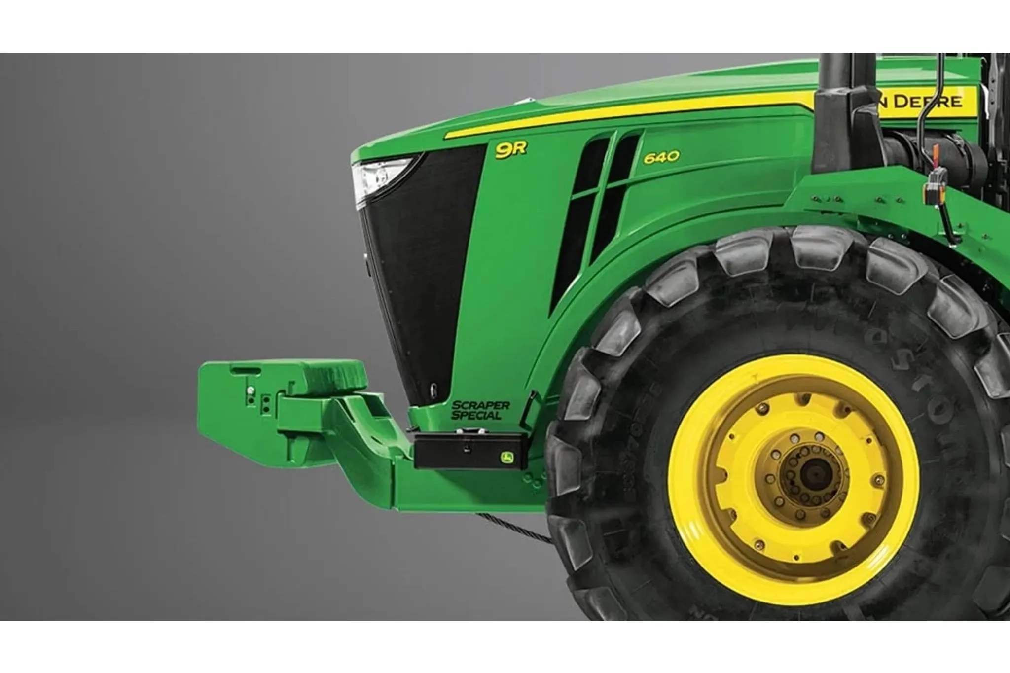 Studio image the front of a 9R 640 Scraper Special Tractor
