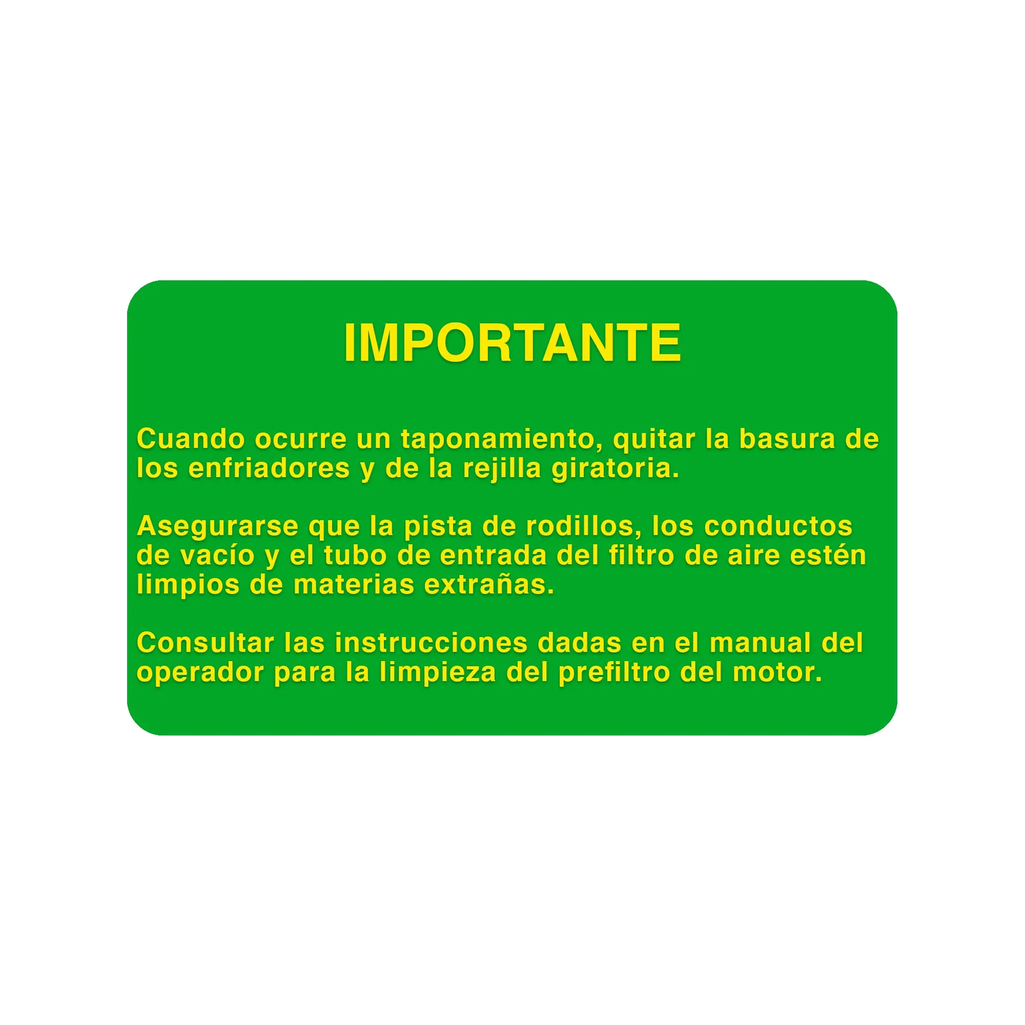 John Deere Cooling Package Cleanout Label, Spanish - H173099