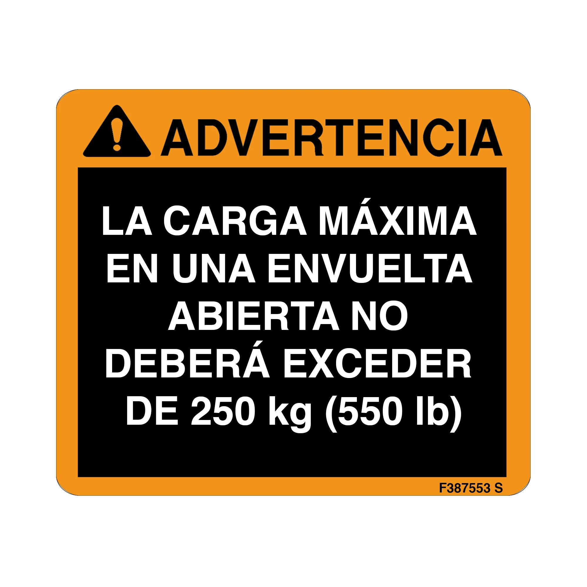 John Deere Enclosure Load Decal, Spanish - F387553