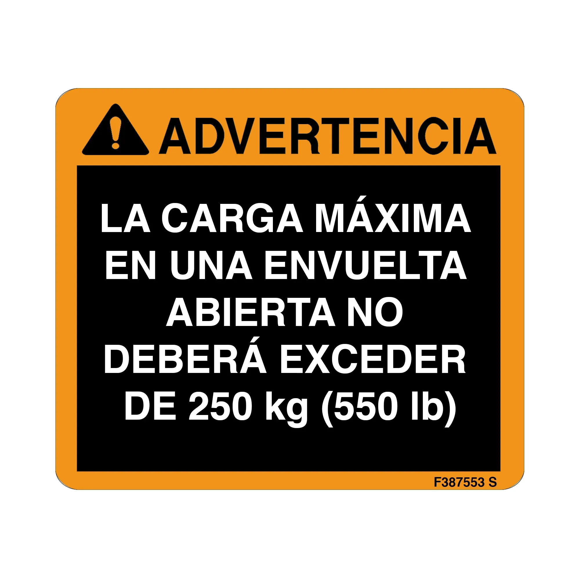 John Deere Enclosure Load Decal, Spanish - F387553