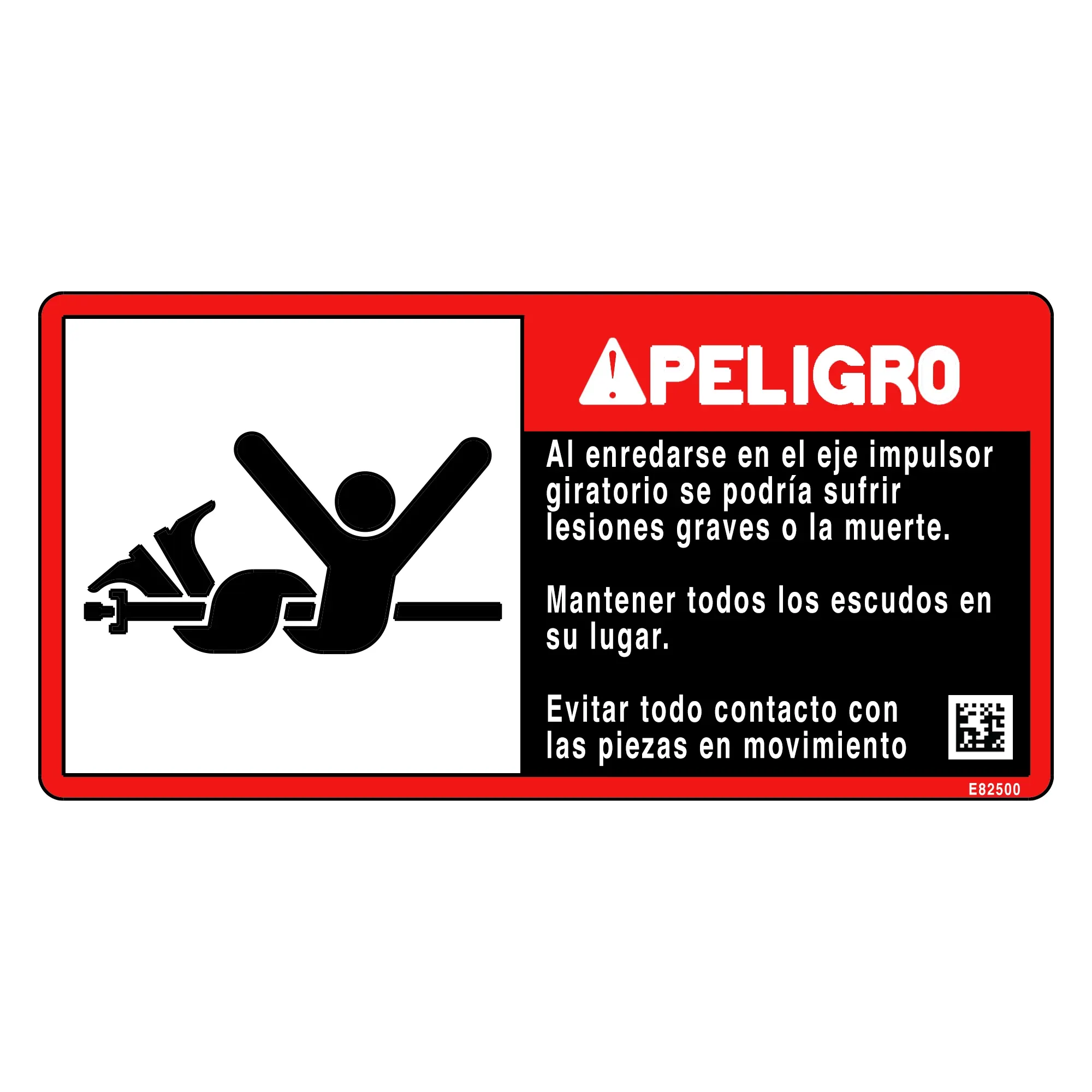 John Deere Rotating Shaft Hazard Waring Label, Spanish - E82500
