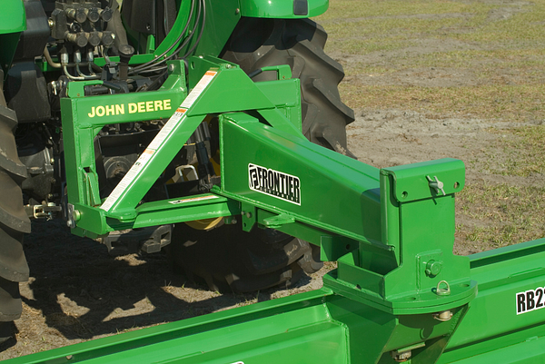 Rear view of adjustable turntable on Frontier rear blade hooked up to a tractor in a field