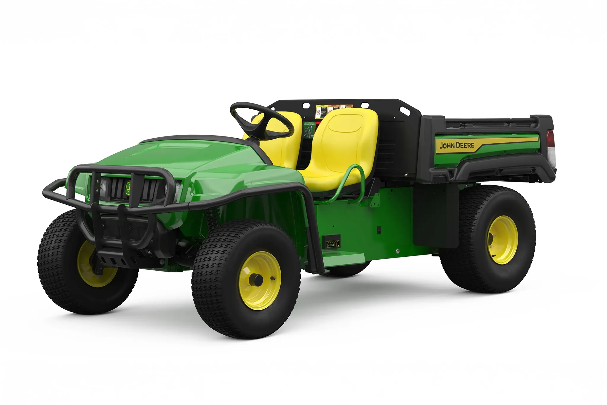 A compact utility vehicle with a yellow seat, open cab, front bumper guard, and rear cargo bed, displayed at an angle on a white background.