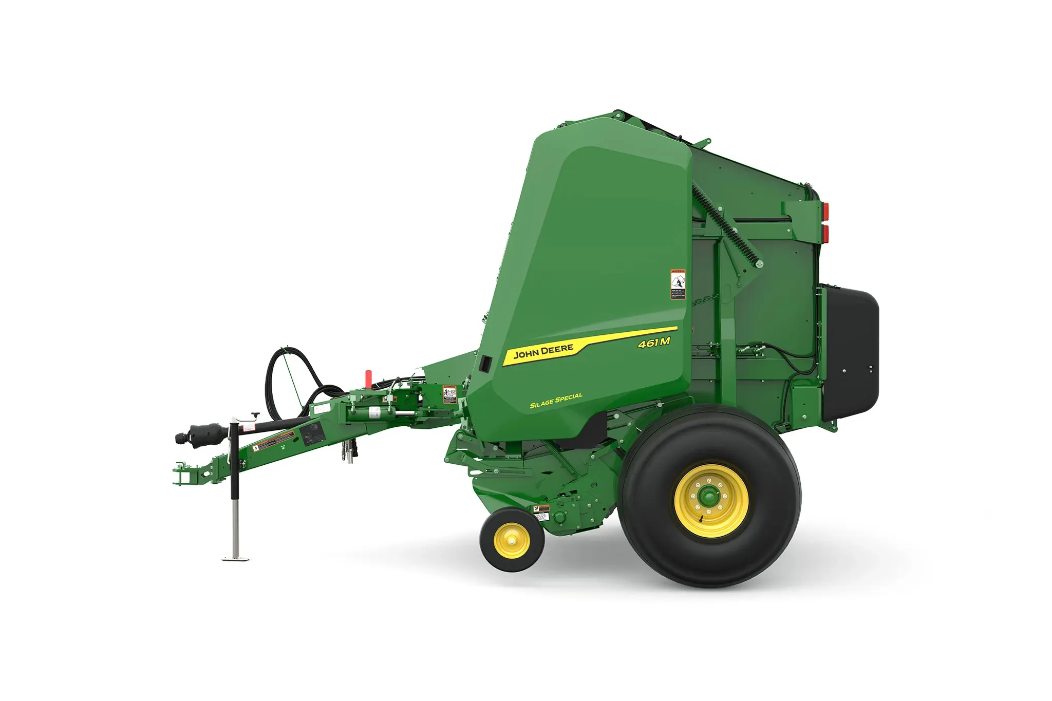 Studio rendering of 461M Silage Special round baler shown in side profile on a white background, featuring a green body, yellow wheels, tow hitch, and large rear tire