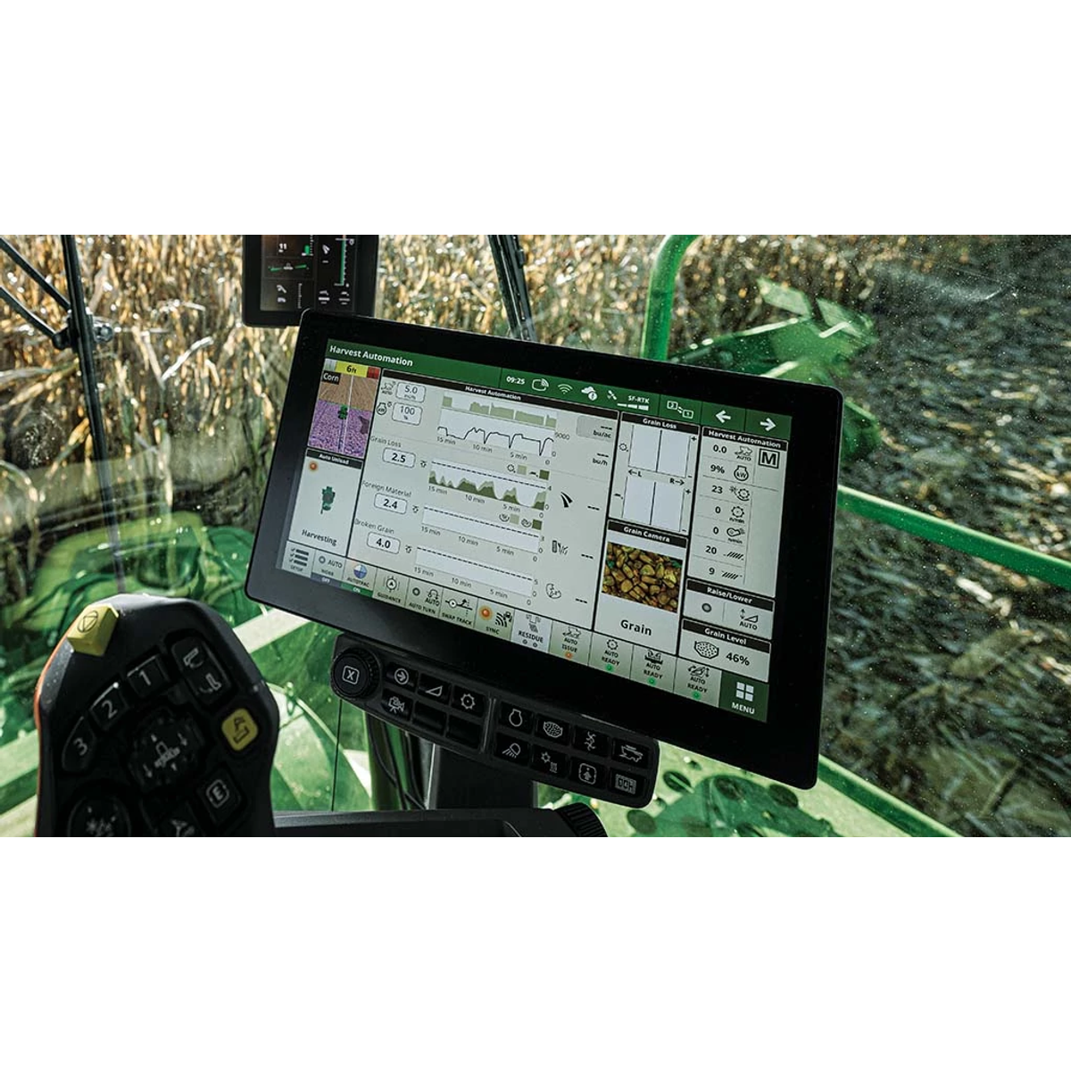 Close-up of a John Deere in-cab display showing precision agriculture data — Koenig Equipment