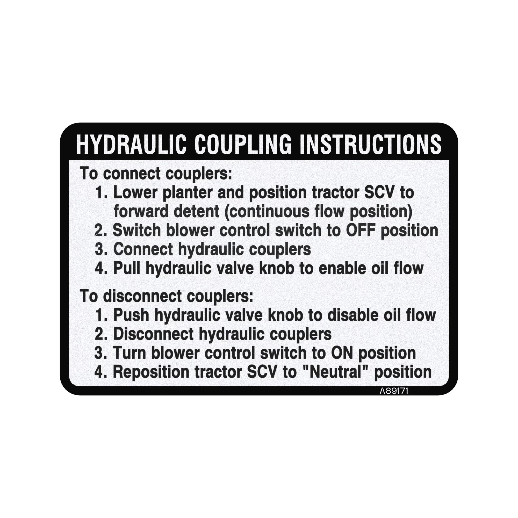 John Deere Hydraulic Coupling Label, English - A89171