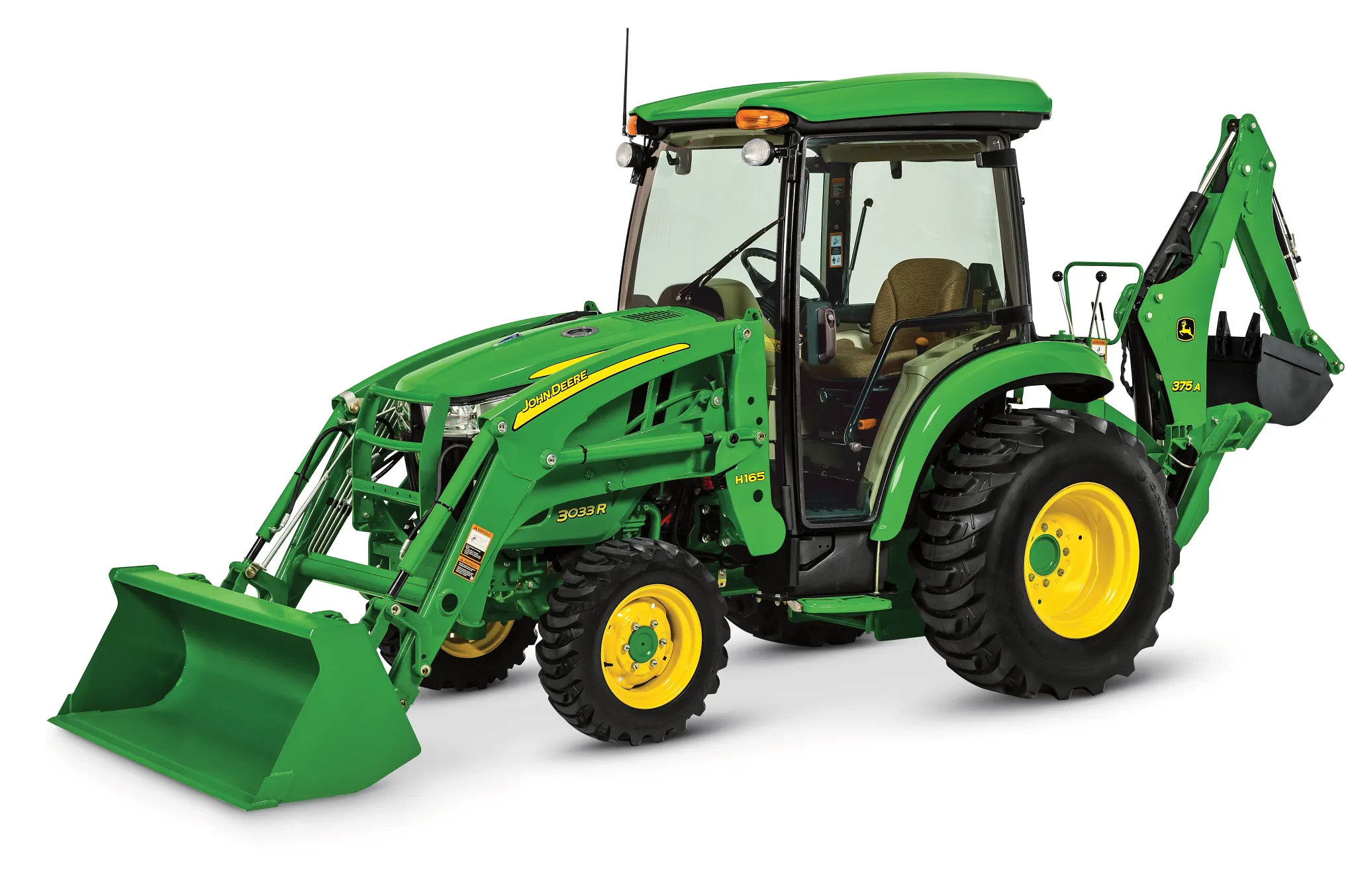 Green tractor with yellow wheels, equipped with a front loader bucket and a rear backhoe attachment, shown on a white background in a side view