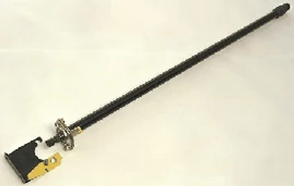 A long metal rod with a black rectangular attachment and a small metal bracket assembly on the same end against a light background