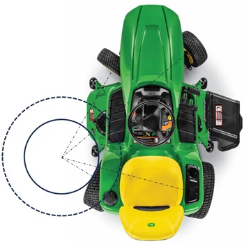 Top‑down view of a green John Deere riding mower with a yellow seat, showing its turning radius illustrated by dashed circles