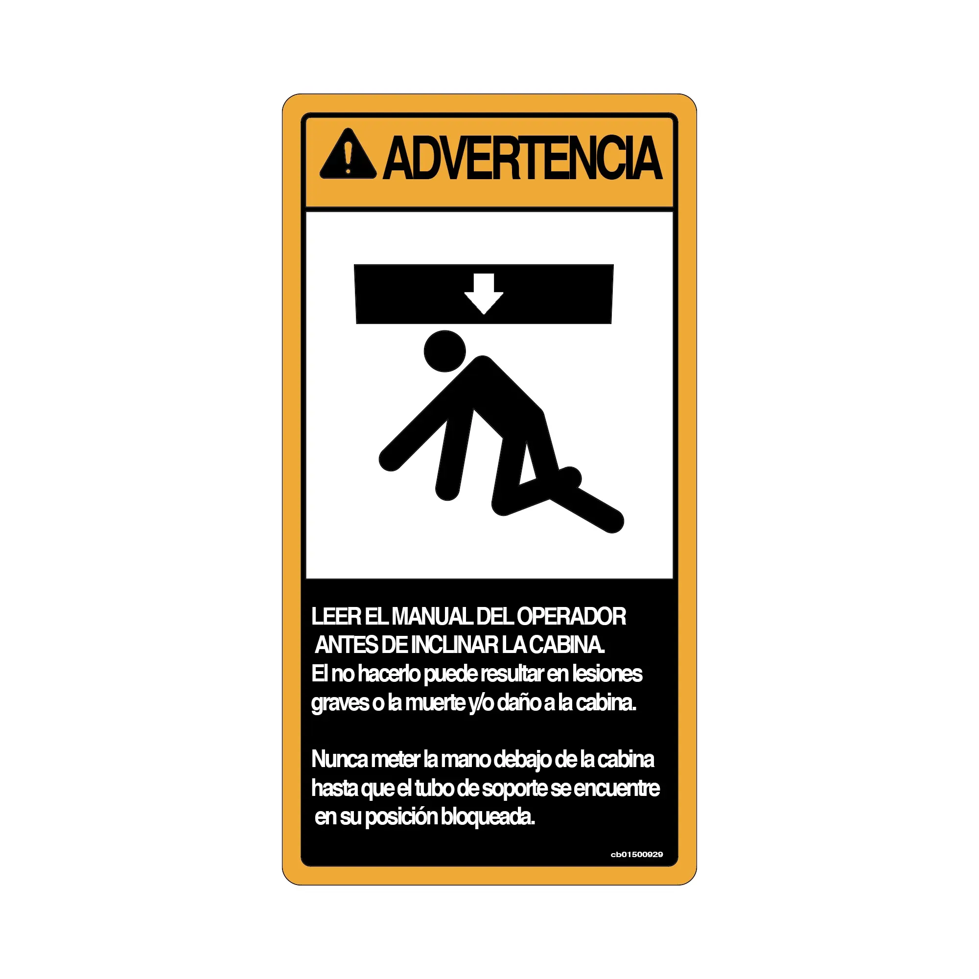 John Deere Spanish Cab Tilt Warning Instruction Plate - CB01500970