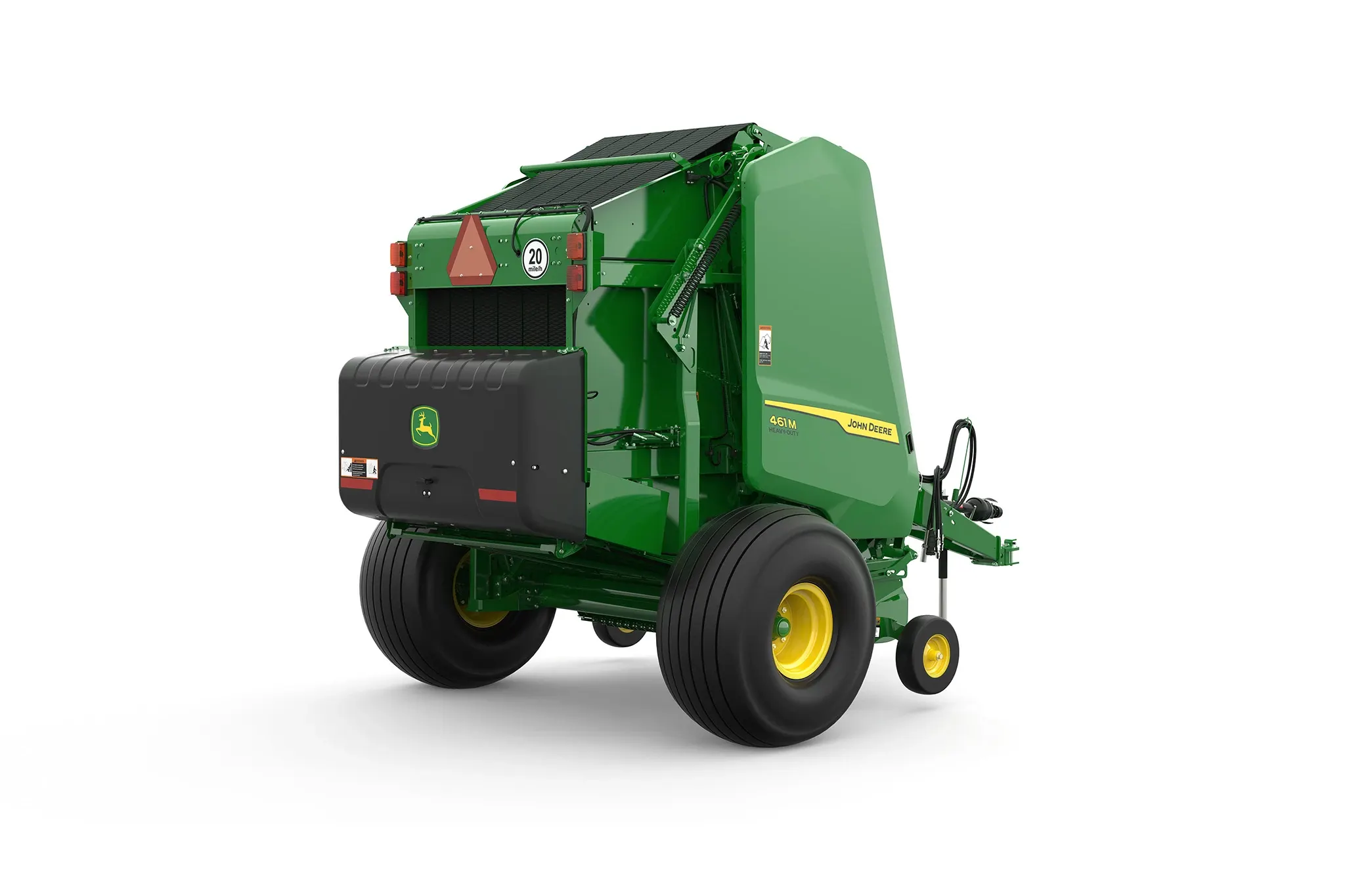 Studio rendering of 461M round baler shown from a rear three-quarter angle on a white background, featuring a green body, yellow wheels, rear storage compartment, warning markings, and front tow hitch