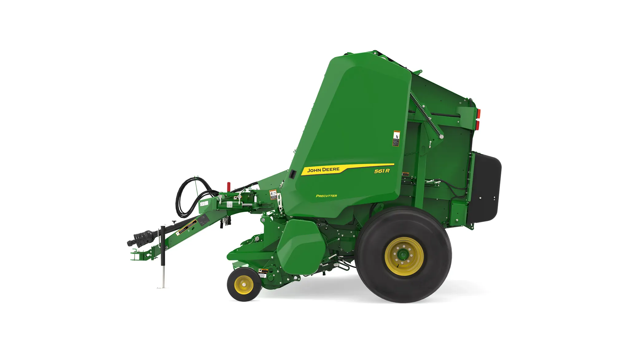 John Deere 561R round baler with Precutter attachment, shown in side profile on a white background, featuring a green body, yellow branding stripe, large rear tire, and front hitch assembly