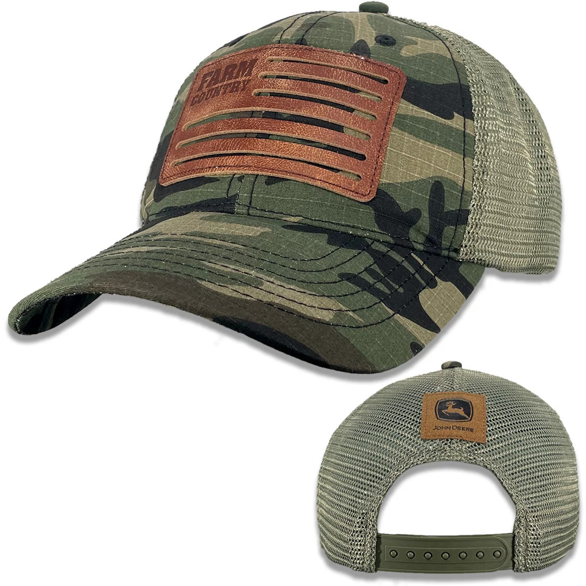 "Traditional Camo with Leather Flag Mesh Hat"