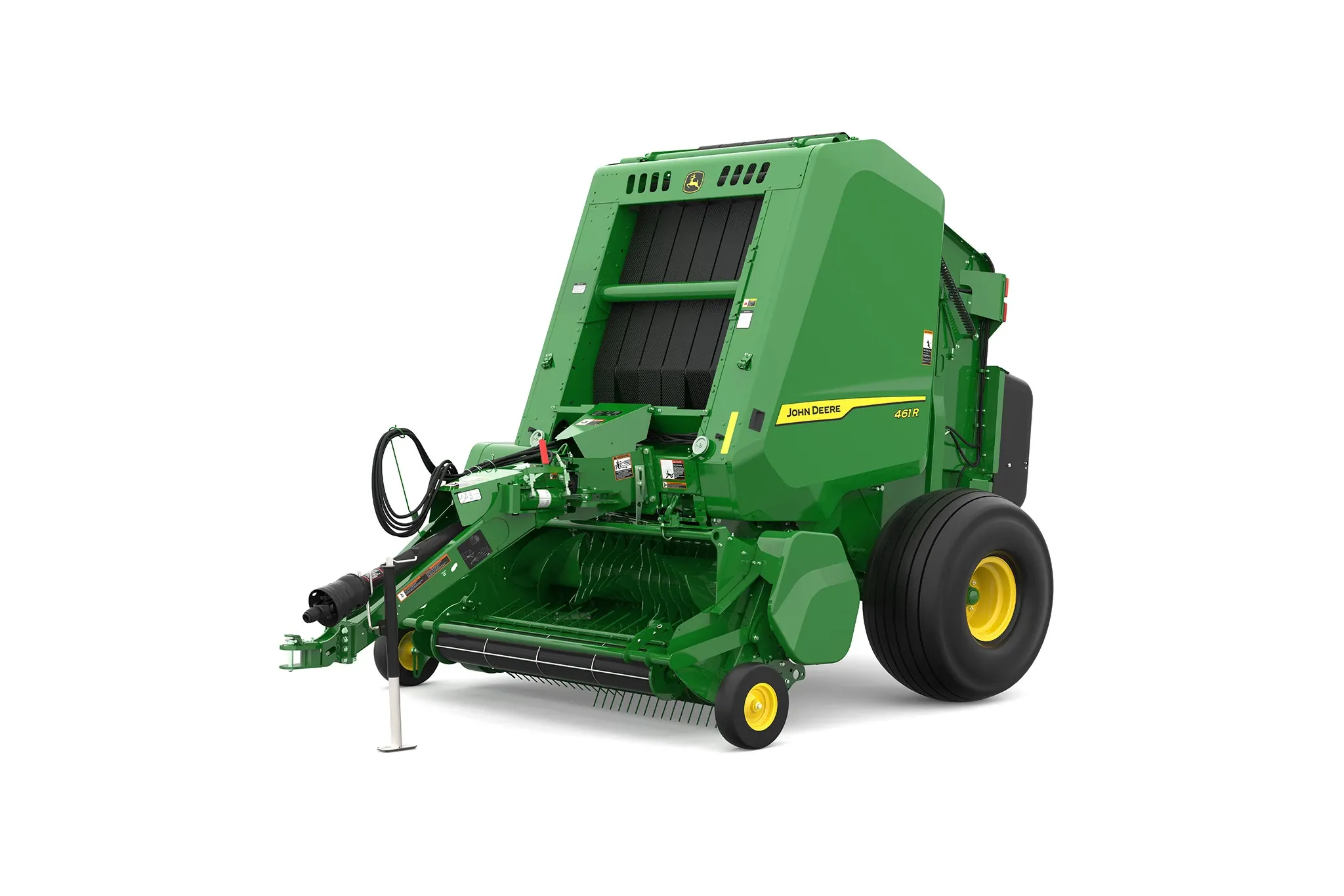 Studio rendering of 461R round baler shown from a front three-quarter angle on a white background, featuring a green body, yellow wheels, open pickup assembly, bale chamber opening, and front tow hitch