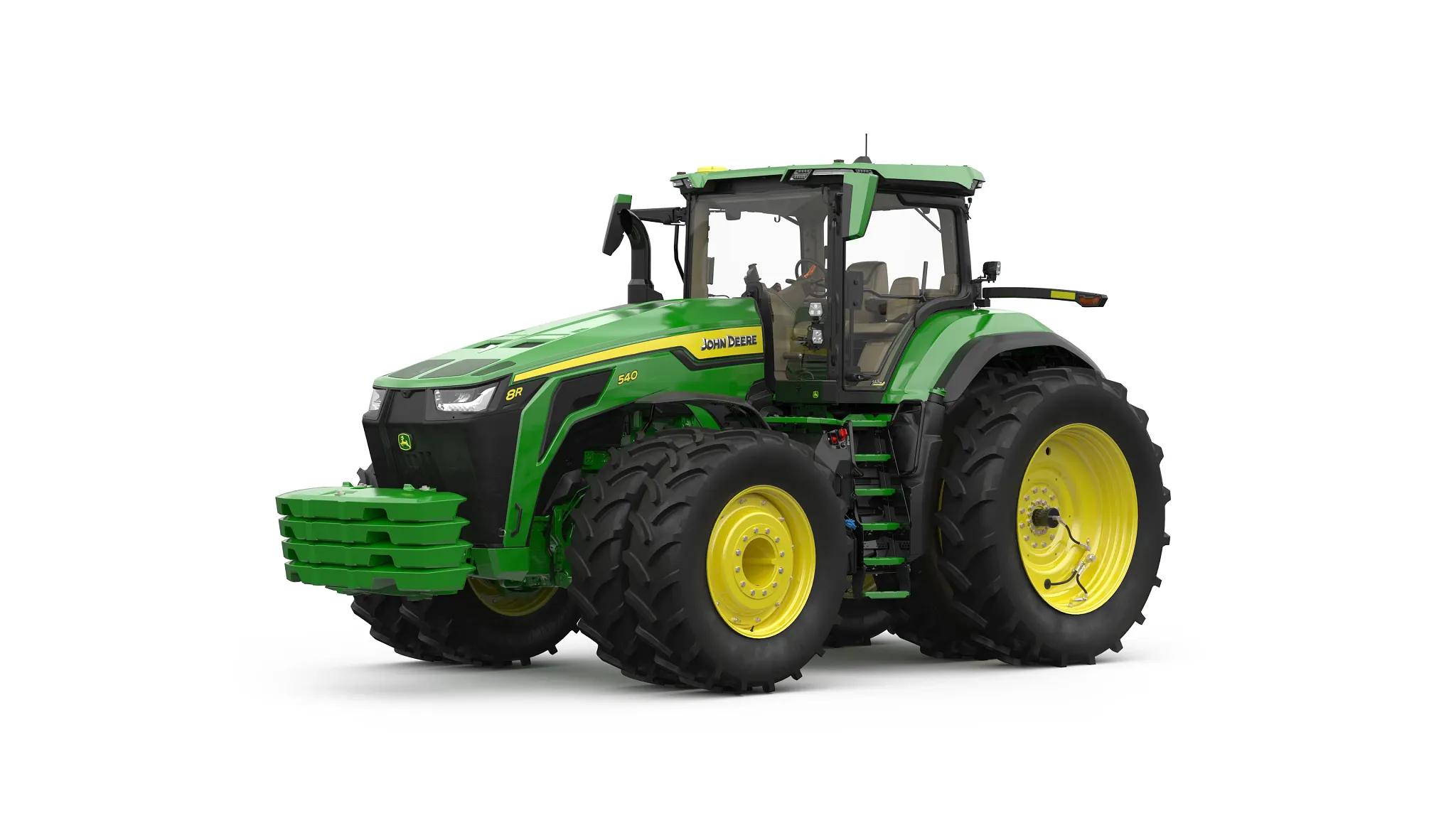 Studio rendering with front left view of 8R 540 Dual Wheel tractor.