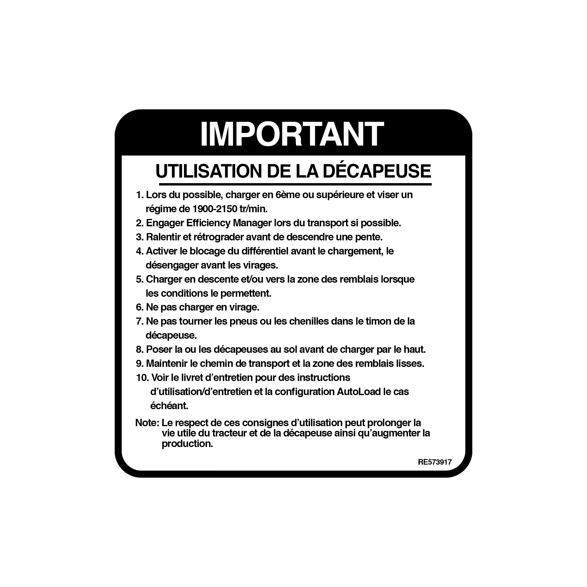 John Deere Scraper Operation Label, French - RE573917