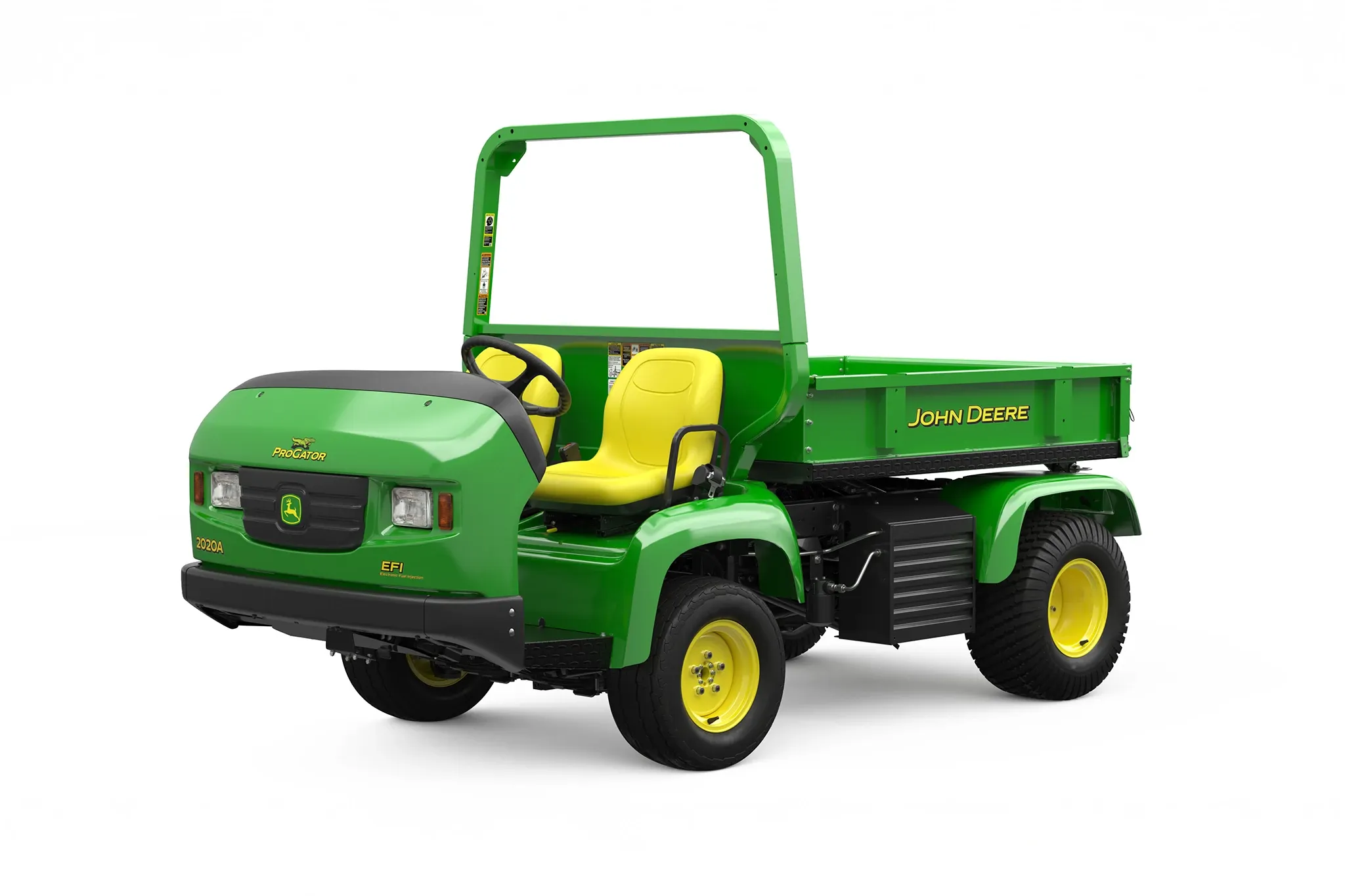 A compact utility vehicle with an open cab, yellow seat, front grille guard, and rear cargo bed, displayed at an angle on a white background.