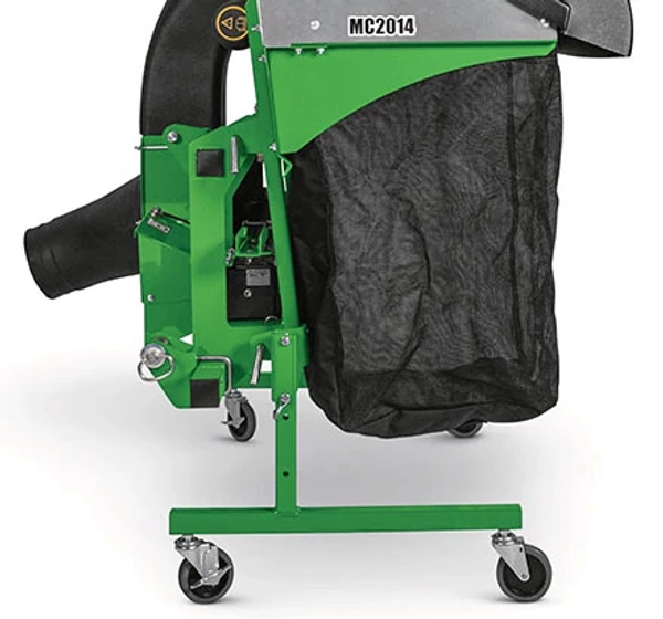 Rear-mounted material collection system featuring a green metal frame, black fabric collection bag, and airflow duct mounted on a wheels stand