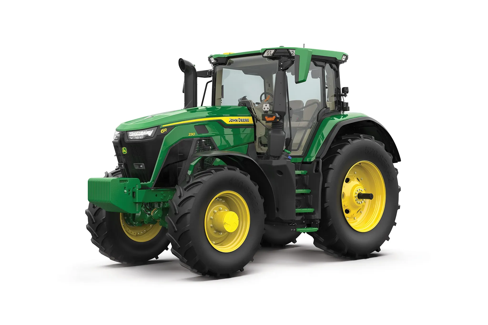 Front left studio graphic of a 6R 230 tractor on white background.