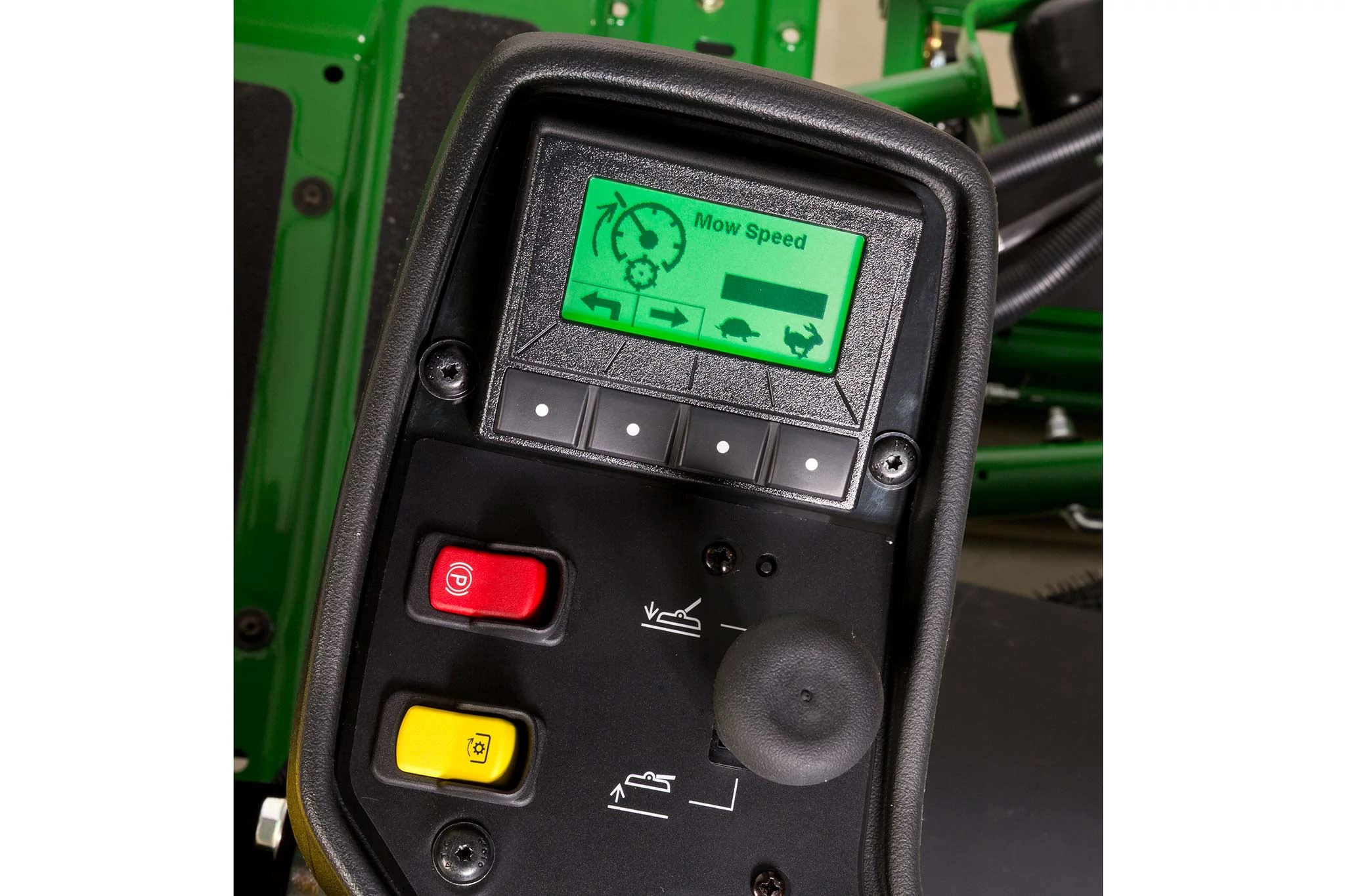 Close-up of the passcode-protected TechControl panel and green-lit display on a Fairway Mower