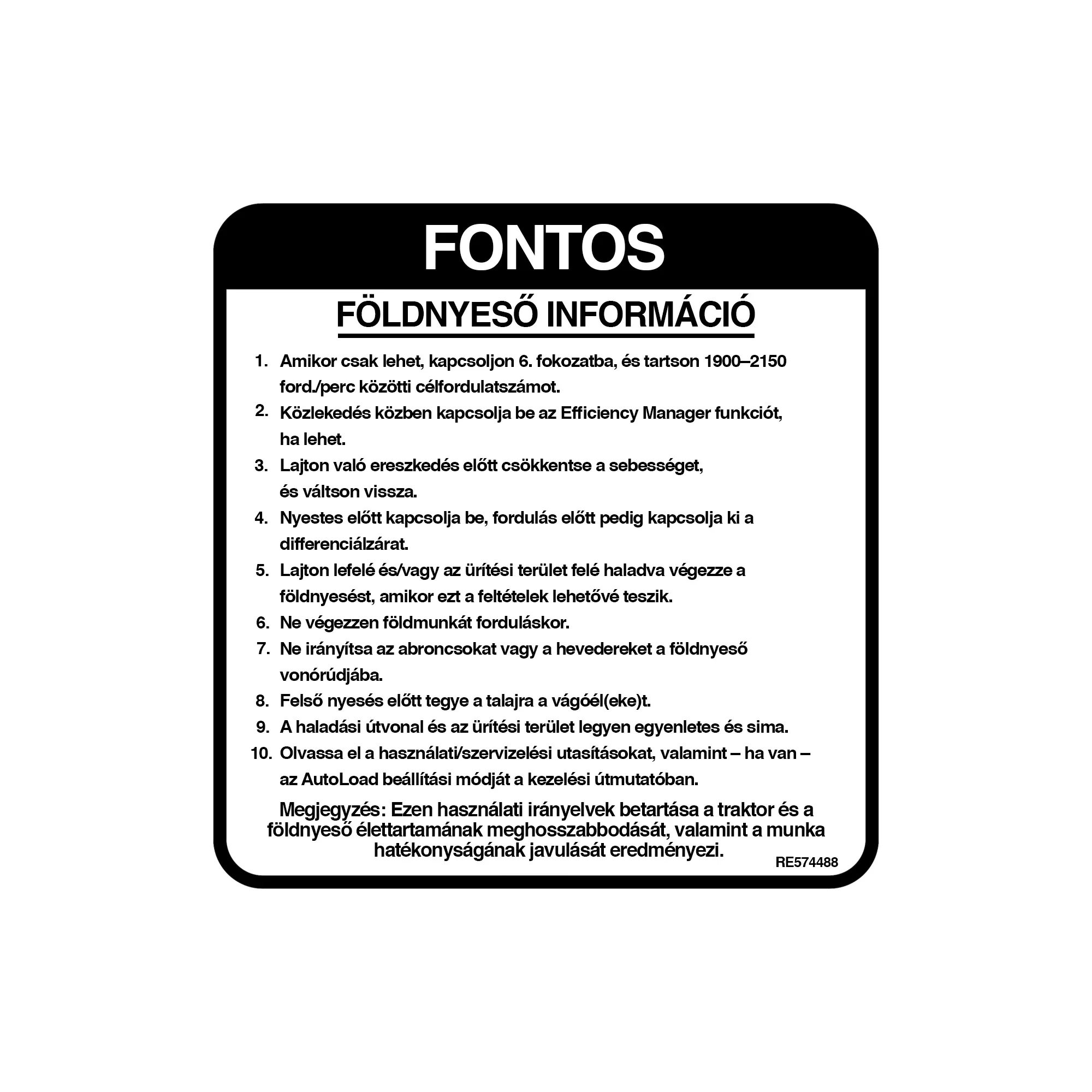 John Deere Scraper Operation Label, Hungarian - RE574488