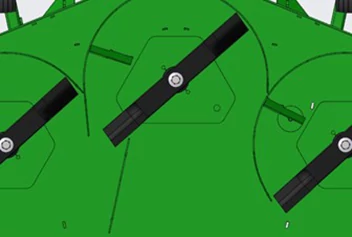 Computer-generated graphic of the underside of a GM40 series grooming mower's deck with three blades