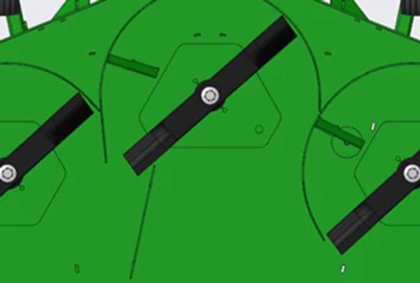 Computer-generated graphic of the underside of a GM40 series grooming mower's deck with three blades