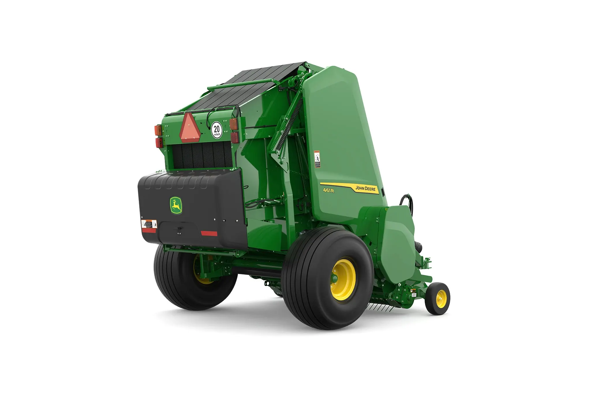 Studio rendering of 461R round baler shown from a rear three-quarter angle on a white background, featuring a green body, yellow wheels, rear compartment with John Deere logo, safety reflector, and enclosed pickup assembly