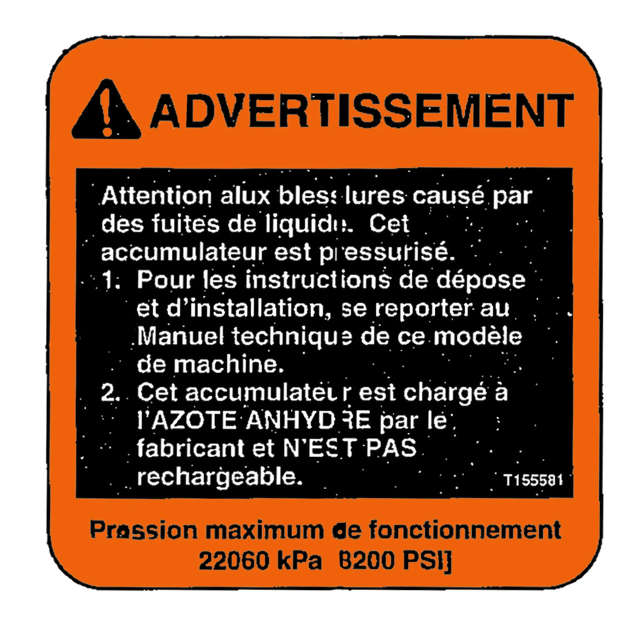 John Deere Safety Sign, Accumulator Warning, French - T155581