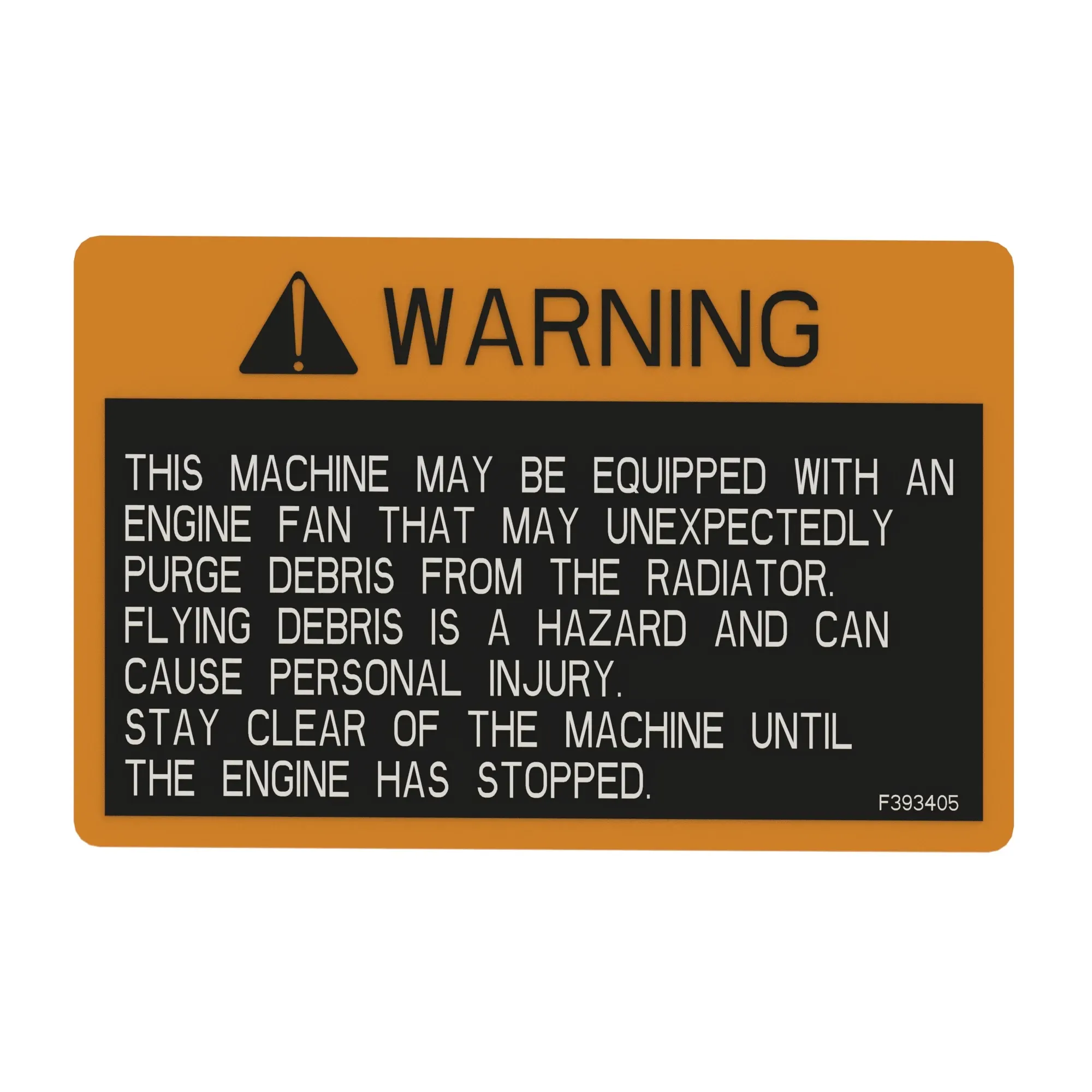 John Deere Warning Fan Debris Label, English - F393405