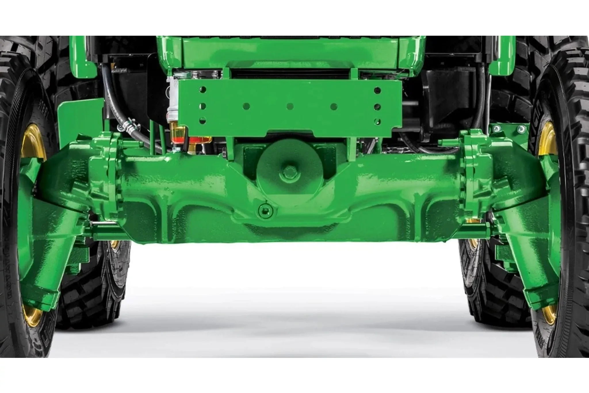 Ground level view, studio view of tractor front axle.
