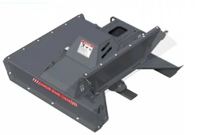 Metal attachment with hinged panels and protruding blades or fins underneath; red lettering reading “DIAMOND TRACK ORCHARD” on the side, and small warning label on the top surface.