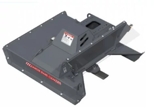 Metal attachment with hinged panels and protruding blades or fins underneath; red lettering reading “DIAMOND TRACK ORCHARD” on the side, and small warning label on the top surface.