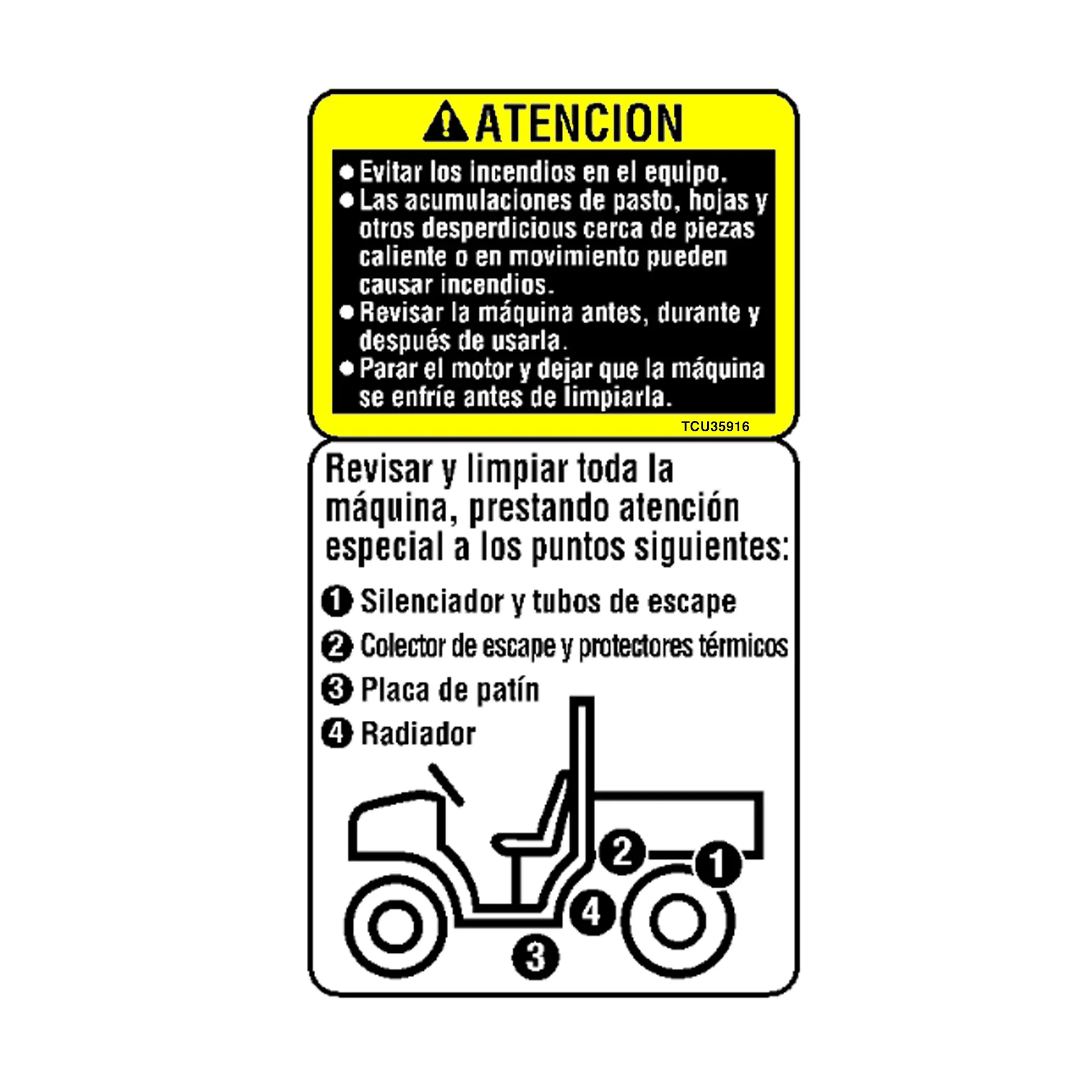 John Deere Safety Sign, Cleaning Label, Spanish - TCU35916