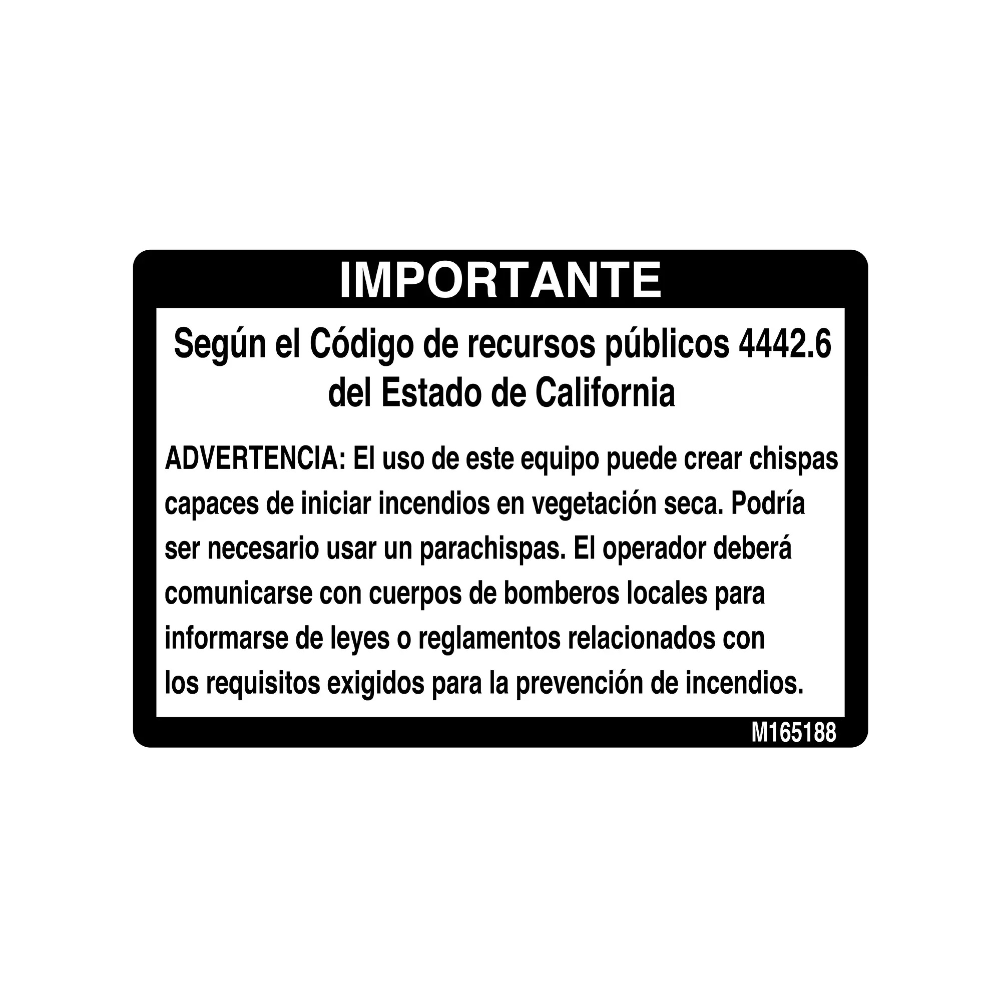 John Deere Spark Arrestor Label, Spanish - M165188