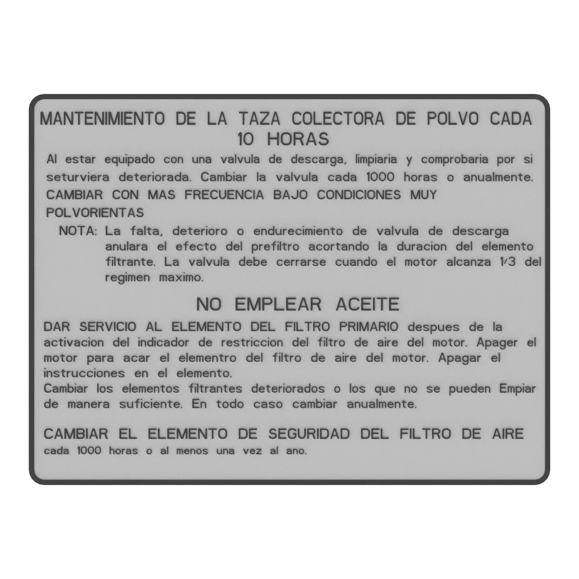 John Deere Air Cleaner Label, Spanish - T146606