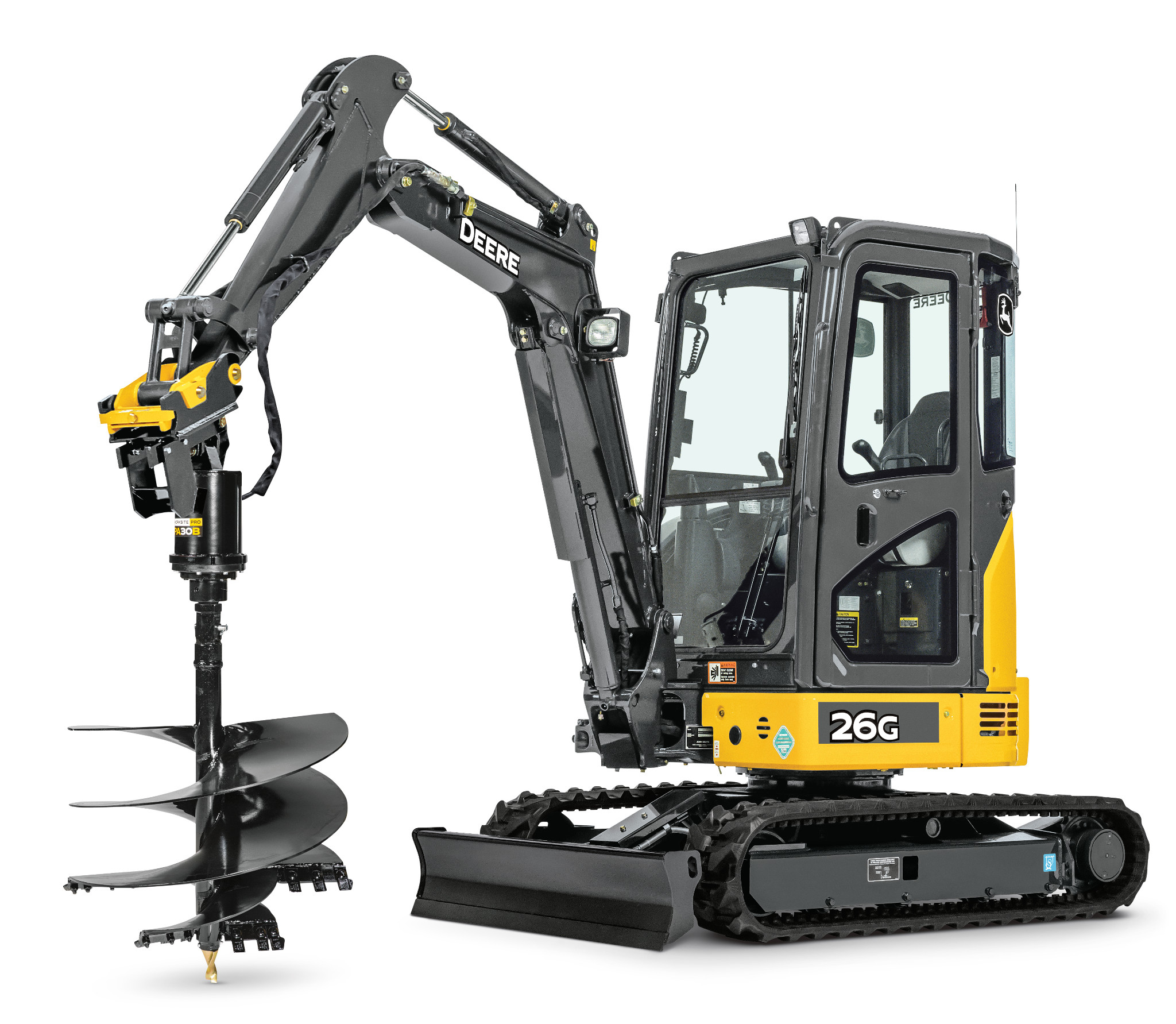 John Deere 26G Compact Excavator on rubber tracks with an enclosed cab, fitted with a hydraulic planetary drive auger, shown on a white background