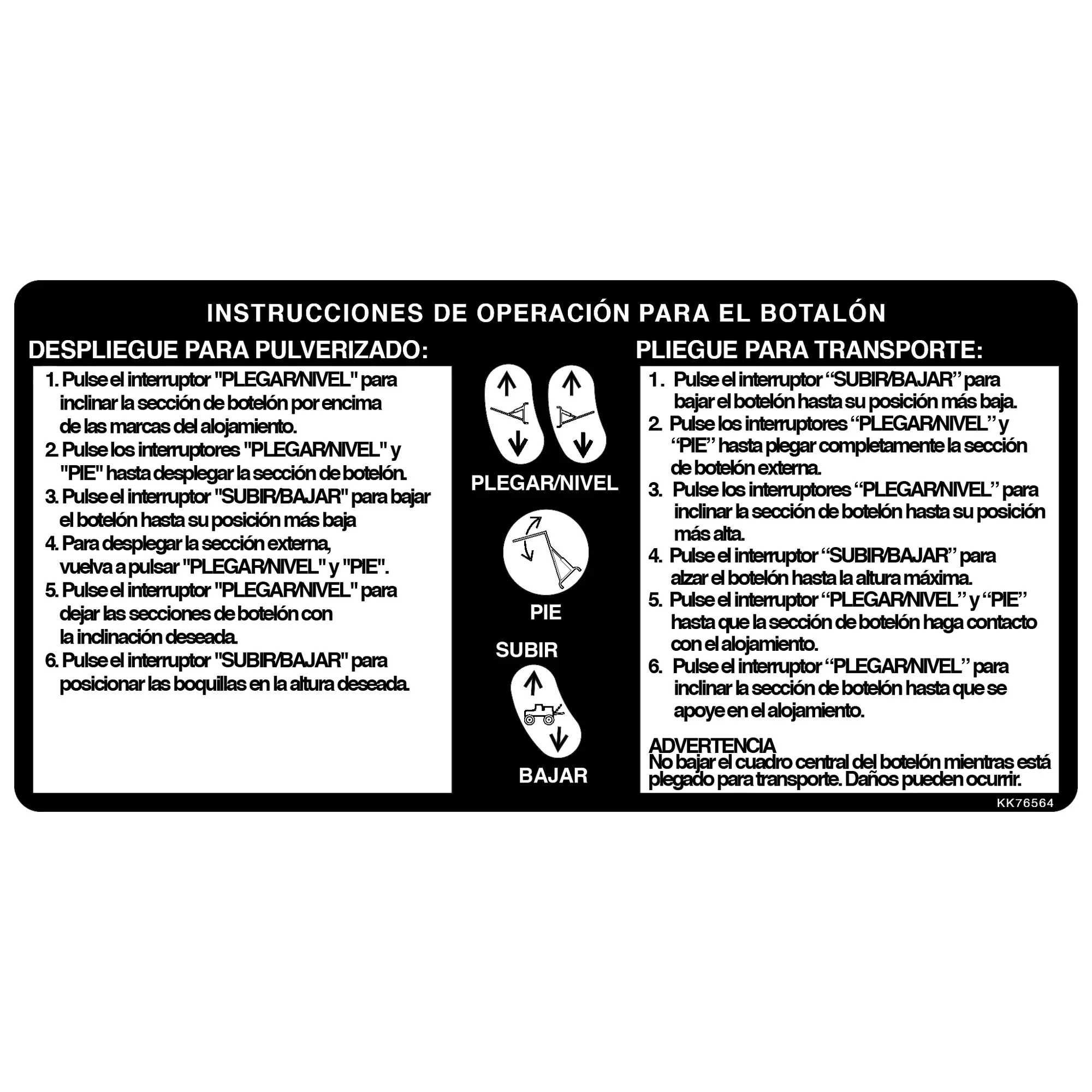 John Deere Boom Fold Instruction Label, Spanish - KK76564